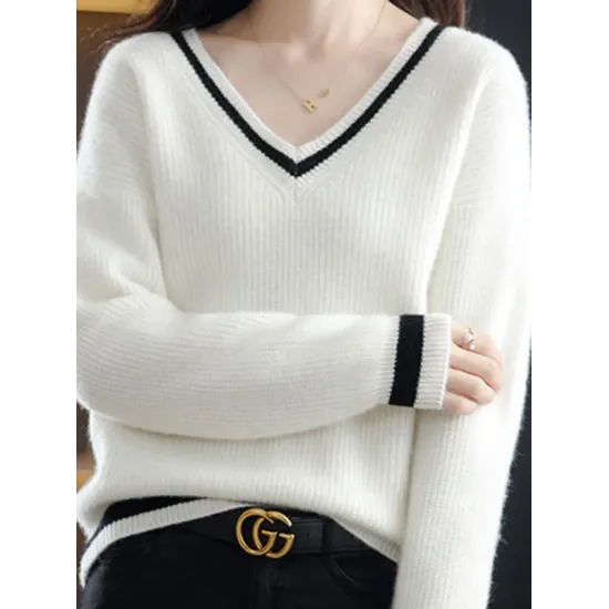 Urban Loose Long Sleeves Contrast Color V-Neck Sweater Tops Urban Loose Long Sleeves Contrast Color V-Neck Sweater Tops