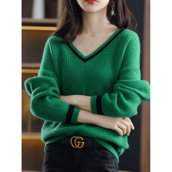 Urban Loose Long Sleeves Contrast Color V-Neck Sweater Tops Urban Loose Long Sleeves Contrast Color V-Neck Sweater Tops
