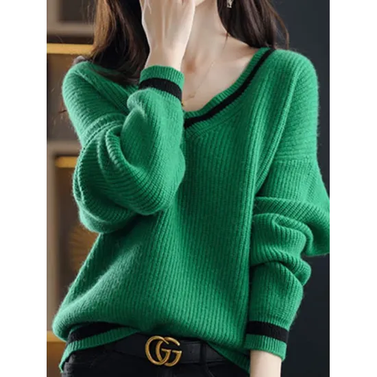 Urban Loose Long Sleeves Contrast Color V-Neck Sweater Tops Urban Loose Long Sleeves Contrast Color V-Neck Sweater Tops