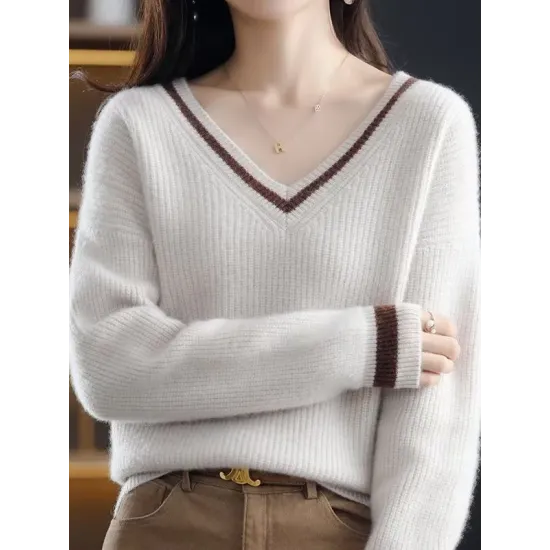 Urban Loose Long Sleeves Contrast Color V-Neck Sweater Tops Urban Loose Long Sleeves Contrast Color V-Neck Sweater Tops
