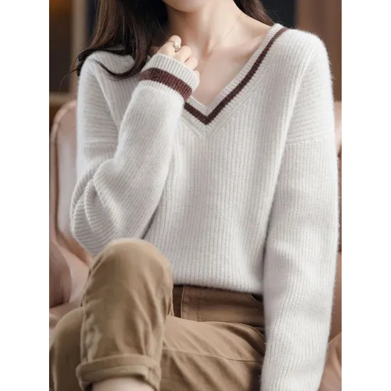 Urban Loose Long Sleeves Contrast Color V-Neck Sweater Tops Urban Loose Long Sleeves Contrast Color V-Neck Sweater Tops
