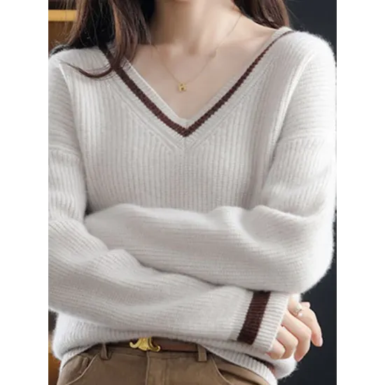 Urban Loose Long Sleeves Contrast Color V-Neck Sweater Tops Urban Loose Long Sleeves Contrast Color V-Neck Sweater Tops