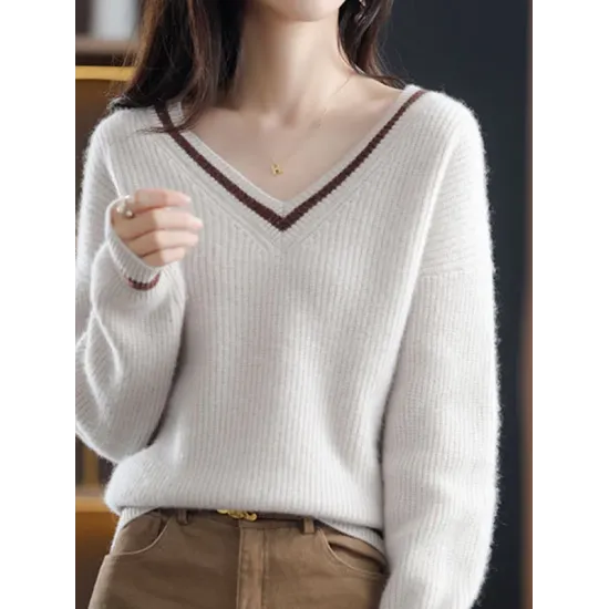Urban Loose Long Sleeves Contrast Color V-Neck Sweater Tops Urban Loose Long Sleeves Contrast Color V-Neck Sweater Tops
