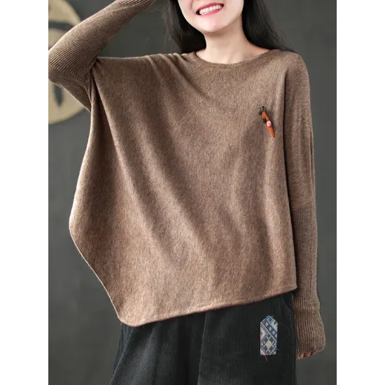 Simple Loose Long Sleeves Solid Color Round-Neck Sweater Tops Simple Loose Long Sleeves Solid Color Round-Neck Sweater Tops