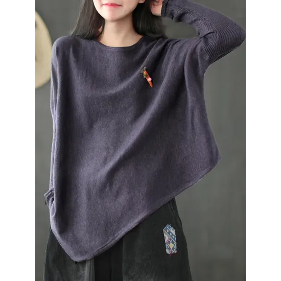 Simple Loose Long Sleeves Solid Color Round-Neck Sweater Tops Simple Loose Long Sleeves Solid Color Round-Neck Sweater Tops