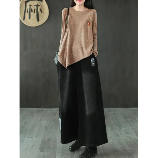 Simple Loose Long Sleeves Solid Color Round-Neck Sweater Tops Simple Loose Long Sleeves Solid Color Round-Neck Sweater Tops