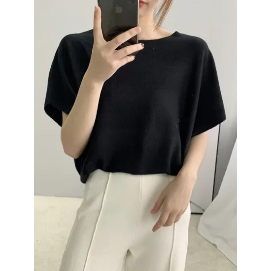 Solid Color Half Sleeves Loose Off-The-Shoulder Sweater Tops Pullovers Knitwear Solid Color Half Sleeves Loose Off-The-Shoulder Sweater Tops Pullovers Knitwear