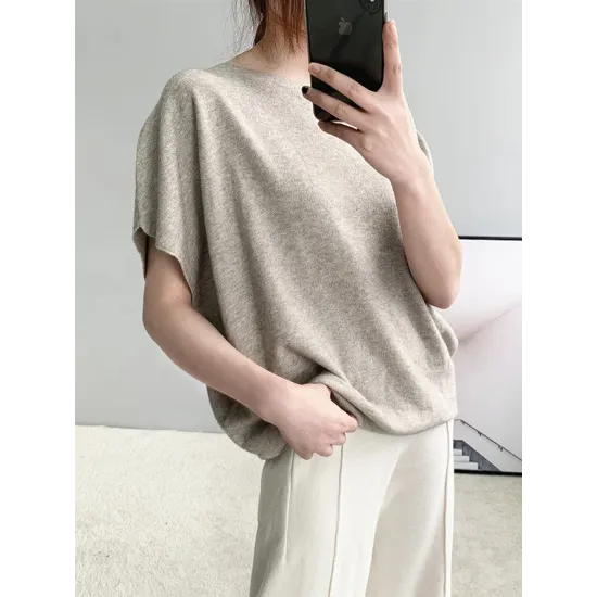 Solid Color Half Sleeves Loose Off-The-Shoulder Sweater Tops Pullovers Knitwear Solid Color Half Sleeves Loose Off-The-Shoulder Sweater Tops Pullovers Knitwear