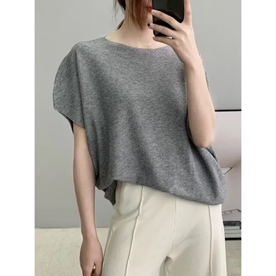 Solid Color Half Sleeves Loose Off-The-Shoulder Sweater Tops Pullovers Knitwear Solid Color Half Sleeves Loose Off-The-Shoulder Sweater Tops Pullovers Knitwear
