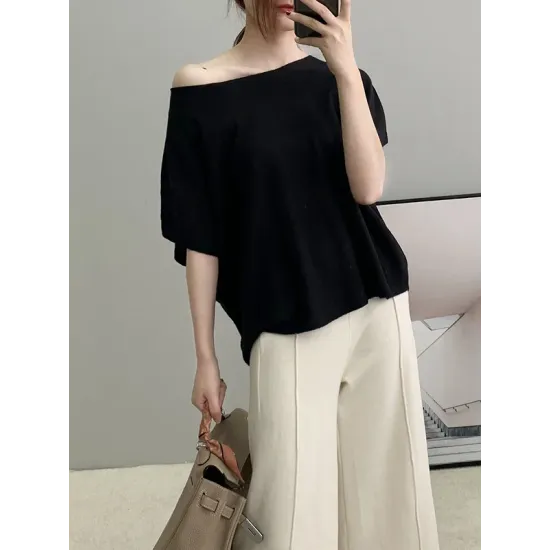 Solid Color Half Sleeves Loose Off-The-Shoulder Sweater Tops Pullovers Knitwear Solid Color Half Sleeves Loose Off-The-Shoulder Sweater Tops Pullovers Knitwear