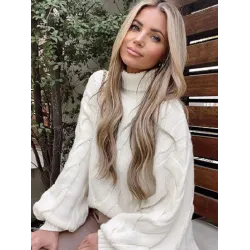 Simple Long Sleeves Loose Jacquard Solid Color High-Neck Sweater Tops