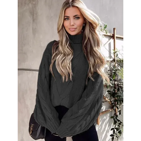 Simple Long Sleeves Loose Jacquard Solid Color High-Neck Sweater Tops Simple Long Sleeves Loose Jacquard Solid Color High-Neck Sweater Tops