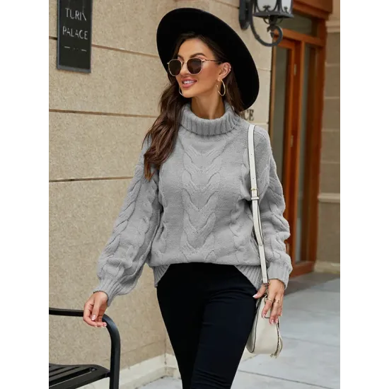 Simple Long Sleeves Loose Jacquard Solid Color High-Neck Sweater Tops Simple Long Sleeves Loose Jacquard Solid Color High-Neck Sweater Tops