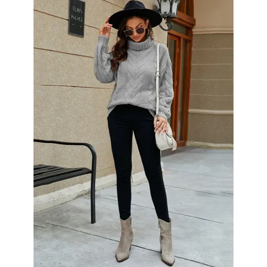 Simple Long Sleeves Loose Jacquard Solid Color High-Neck Sweater Tops Simple Long Sleeves Loose Jacquard Solid Color High-Neck Sweater Tops