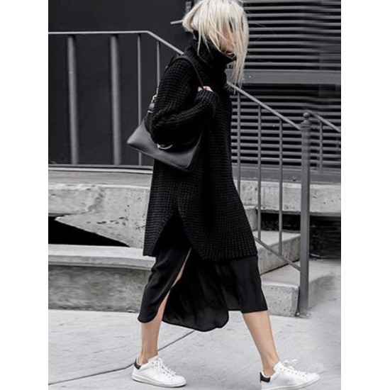 Loose Solid Knitting High-neck Long Sweater Loose Solid Knitting High-neck Long Sweater