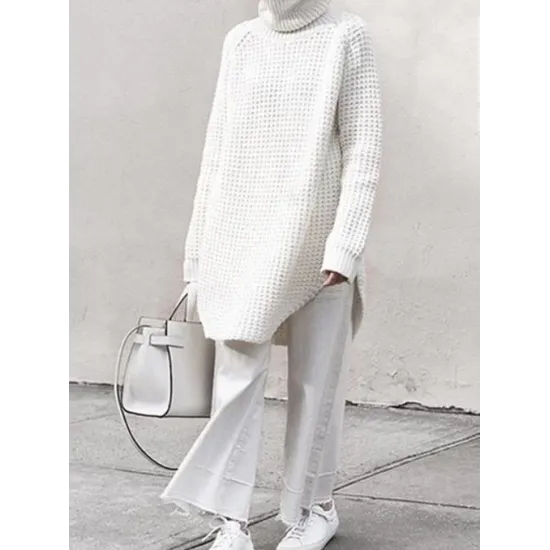 Loose Solid Knitting High-neck Long Sweater Loose Solid Knitting High-neck Long Sweater
