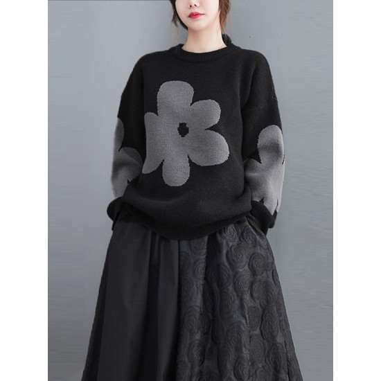 Casual Loose Long Sleeves Contrast Color Jacquard Round-Neck Sweater Tops Casual Loose Long Sleeves Contrast Color Jacquard Round-Neck Sweater Tops