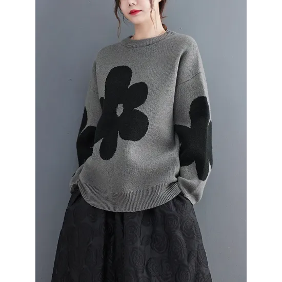 Casual Loose Long Sleeves Contrast Color Jacquard Round-Neck Sweater Tops Casual Loose Long Sleeves Contrast Color Jacquard Round-Neck Sweater Tops