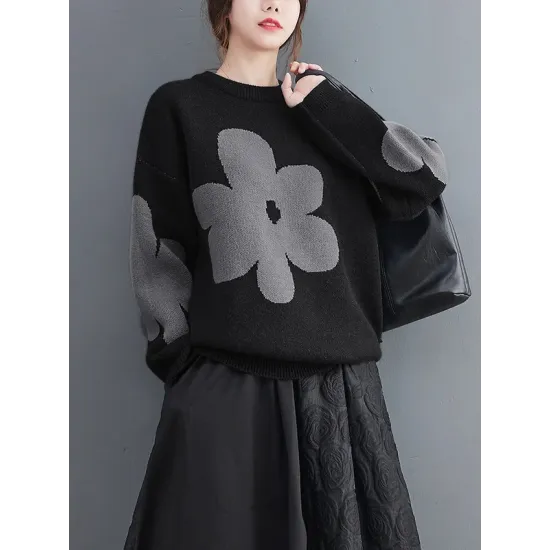 Casual Loose Long Sleeves Contrast Color Jacquard Round-Neck Sweater Tops Casual Loose Long Sleeves Contrast Color Jacquard Round-Neck Sweater Tops