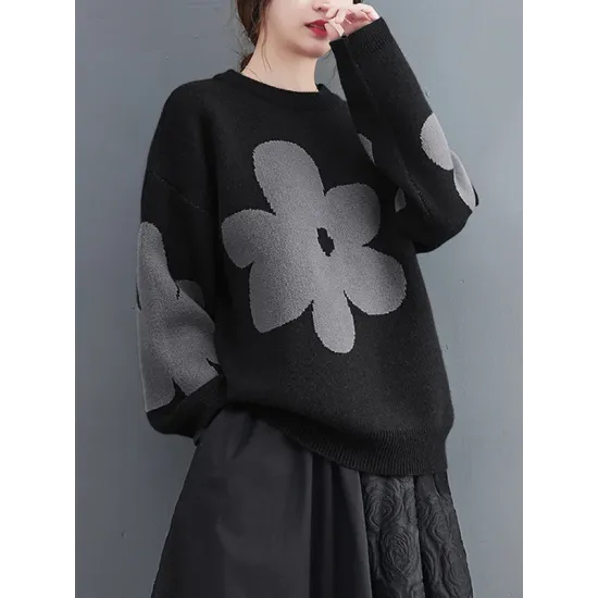 Casual Loose Long Sleeves Contrast Color Jacquard Round-Neck Sweater Tops Casual Loose Long Sleeves Contrast Color Jacquard Round-Neck Sweater Tops