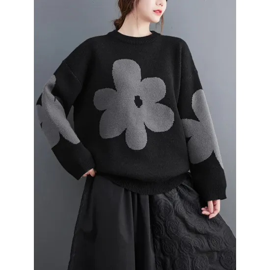 Casual Loose Long Sleeves Contrast Color Jacquard Round-Neck Sweater Tops Casual Loose Long Sleeves Contrast Color Jacquard Round-Neck Sweater Tops