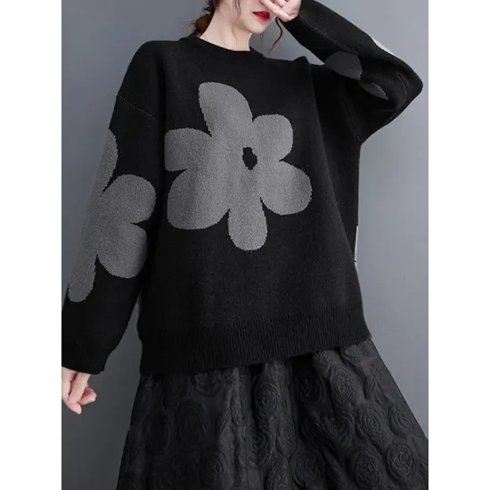 Casual Loose Long Sleeves Contrast Color Jacquard Round-Neck Sweater Tops Casual Loose Long Sleeves Contrast Color Jacquard Round-Neck Sweater Tops