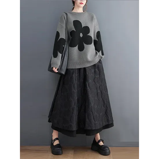 Casual Loose Long Sleeves Contrast Color Jacquard Round-Neck Sweater Tops Casual Loose Long Sleeves Contrast Color Jacquard Round-Neck Sweater Tops