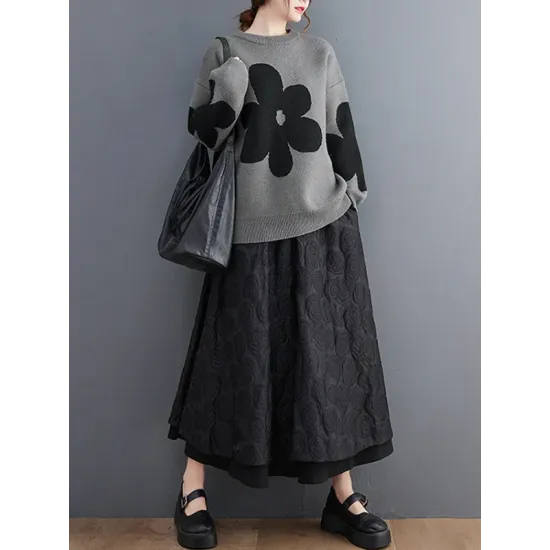 Casual Loose Long Sleeves Contrast Color Jacquard Round-Neck Sweater Tops Casual Loose Long Sleeves Contrast Color Jacquard Round-Neck Sweater Tops