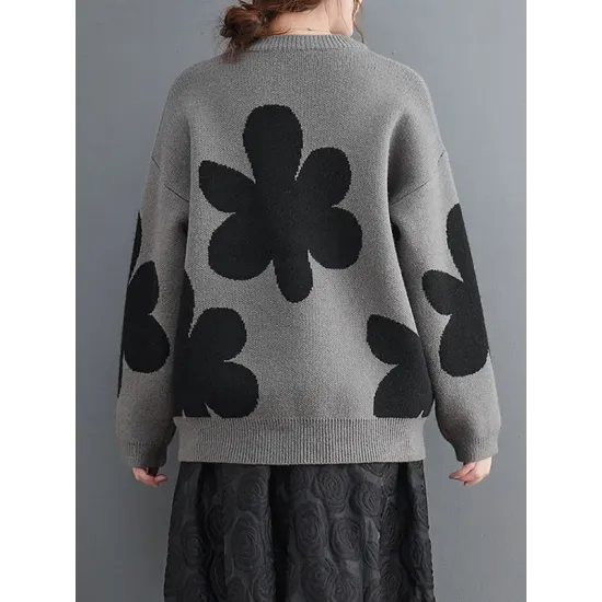 Casual Loose Long Sleeves Contrast Color Jacquard Round-Neck Sweater Tops Casual Loose Long Sleeves Contrast Color Jacquard Round-Neck Sweater Tops