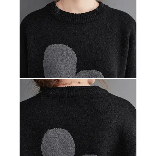 Casual Loose Long Sleeves Contrast Color Jacquard Round-Neck Sweater Tops Casual Loose Long Sleeves Contrast Color Jacquard Round-Neck Sweater Tops