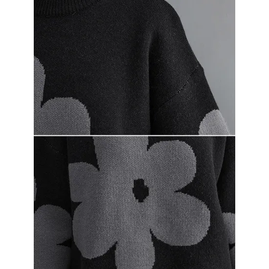 Casual Loose Long Sleeves Contrast Color Jacquard Round-Neck Sweater Tops Casual Loose Long Sleeves Contrast Color Jacquard Round-Neck Sweater Tops