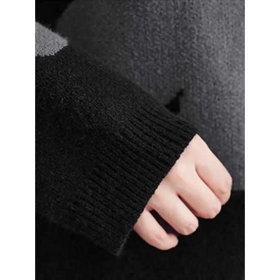 Casual Loose Long Sleeves Contrast Color Jacquard Round-Neck Sweater Tops Casual Loose Long Sleeves Contrast Color Jacquard Round-Neck Sweater Tops