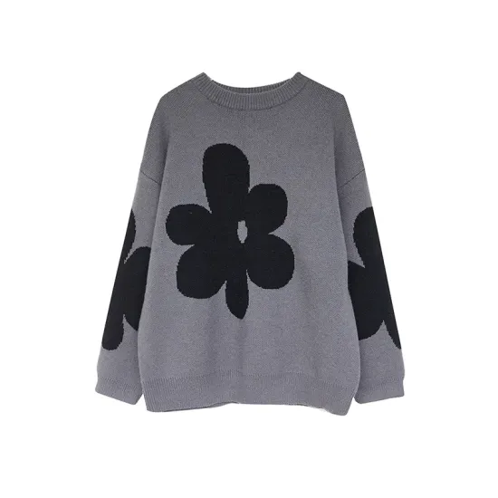 Casual Loose Long Sleeves Contrast Color Jacquard Round-Neck Sweater Tops Casual Loose Long Sleeves Contrast Color Jacquard Round-Neck Sweater Tops