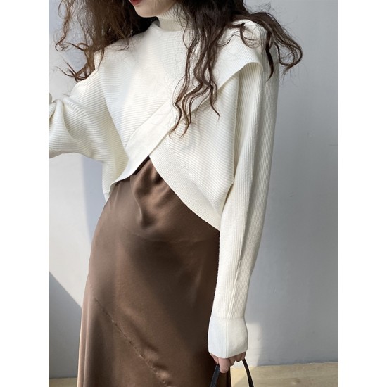 Asymmetric Solid Color Split-Front Long Sleeves High-Neck Sweater Pullovers Knitwear Asymmetric Solid Color Split-Front Long Sleeves High-Neck Sweater Pullovers Knitwear