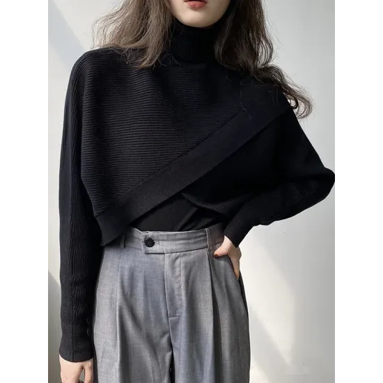 Asymmetric Solid Color Split-Front Long Sleeves High-Neck Sweater Pullovers Knitwear Asymmetric Solid Color Split-Front Long Sleeves High-Neck Sweater Pullovers Knitwear