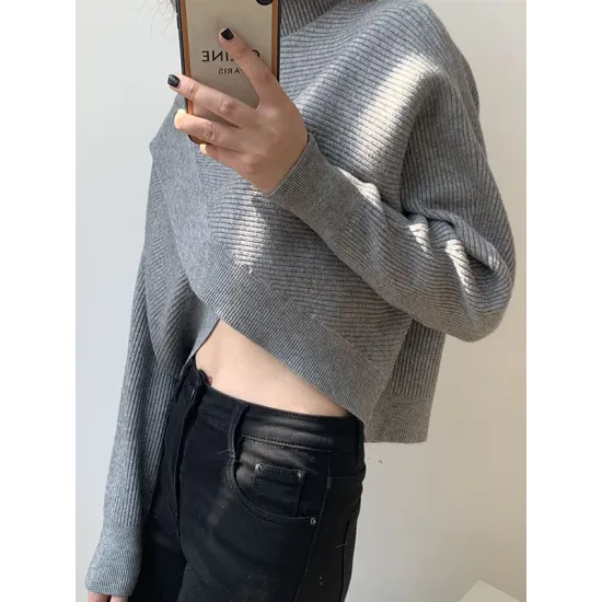 Asymmetric Solid Color Split-Front Long Sleeves High-Neck Sweater Pullovers Knitwear Asymmetric Solid Color Split-Front Long Sleeves High-Neck Sweater Pullovers Knitwear