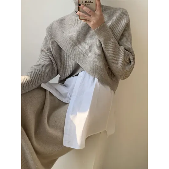 Asymmetric Solid Color Split-Front Long Sleeves High-Neck Sweater Pullovers Knitwear Asymmetric Solid Color Split-Front Long Sleeves High-Neck Sweater Pullovers Knitwear