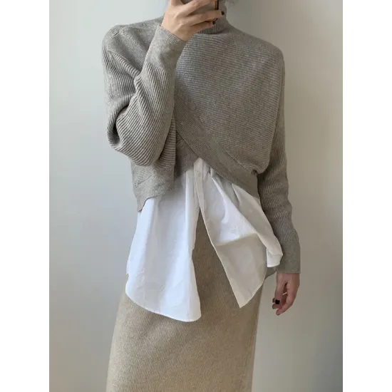 Asymmetric Solid Color Split-Front Long Sleeves High-Neck Sweater Pullovers Knitwear Asymmetric Solid Color Split-Front Long Sleeves High-Neck Sweater Pullovers Knitwear