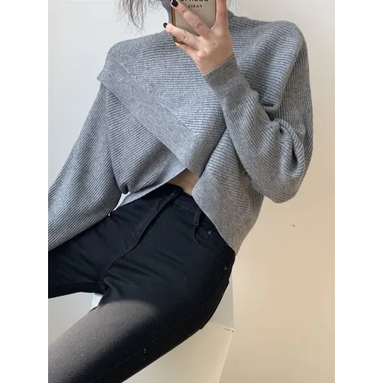 Asymmetric Solid Color Split-Front Long Sleeves High-Neck Sweater Pullovers Knitwear Asymmetric Solid Color Split-Front Long Sleeves High-Neck Sweater Pullovers Knitwear