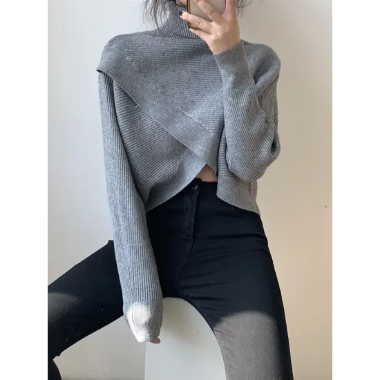 Asymmetric Solid Color Split-Front Long Sleeves High-Neck Sweater Pullovers Knitwear Asymmetric Solid Color Split-Front Long Sleeves High-Neck Sweater Pullovers Knitwear