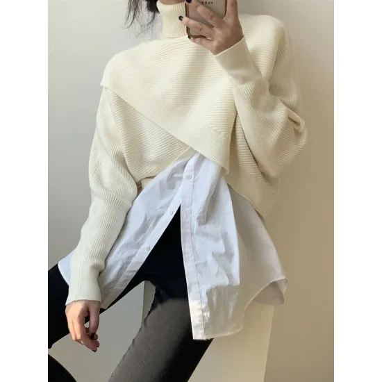 Asymmetric Solid Color Split-Front Long Sleeves High-Neck Sweater Pullovers Knitwear Asymmetric Solid Color Split-Front Long Sleeves High-Neck Sweater Pullovers Knitwear