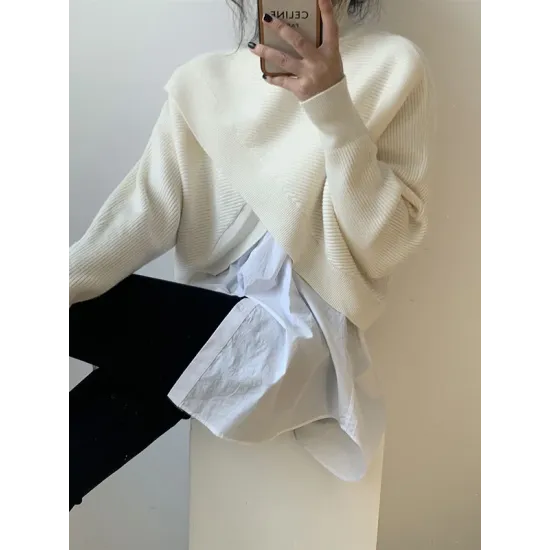 Asymmetric Solid Color Split-Front Long Sleeves High-Neck Sweater Pullovers Knitwear Asymmetric Solid Color Split-Front Long Sleeves High-Neck Sweater Pullovers Knitwear