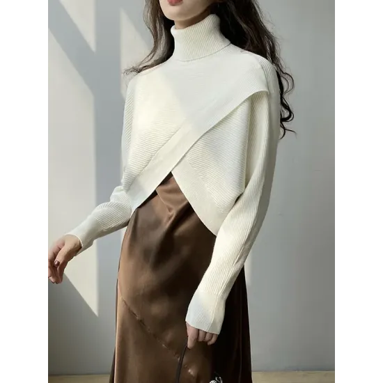 Asymmetric Solid Color Split-Front Long Sleeves High-Neck Sweater Pullovers Knitwear Asymmetric Solid Color Split-Front Long Sleeves High-Neck Sweater Pullovers Knitwear