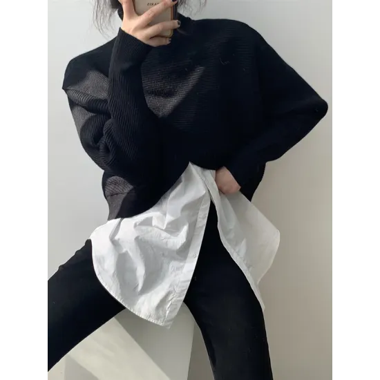 Asymmetric Solid Color Split-Front Long Sleeves High-Neck Sweater Pullovers Knitwear Asymmetric Solid Color Split-Front Long Sleeves High-Neck Sweater Pullovers Knitwear