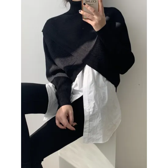 Asymmetric Solid Color Split-Front Long Sleeves High-Neck Sweater Pullovers Knitwear Asymmetric Solid Color Split-Front Long Sleeves High-Neck Sweater Pullovers Knitwear