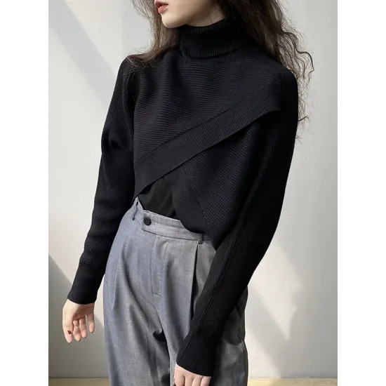 Asymmetric Solid Color Split-Front Long Sleeves High-Neck Sweater Pullovers Knitwear Asymmetric Solid Color Split-Front Long Sleeves High-Neck Sweater Pullovers Knitwear