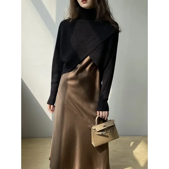 Asymmetric Solid Color Split-Front Long Sleeves High-Neck Sweater Pullovers Knitwear Asymmetric Solid Color Split-Front Long Sleeves High-Neck Sweater Pullovers Knitwear