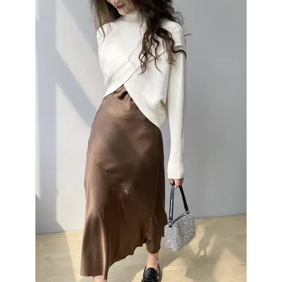 Asymmetric Solid Color Split-Front Long Sleeves High-Neck Sweater Pullovers Knitwear Asymmetric Solid Color Split-Front Long Sleeves High-Neck Sweater Pullovers Knitwear