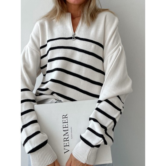 Urban Long Sleeves Loose Striped Round-Neck Sweater Tops Urban Long Sleeves Loose Striped Round-Neck Sweater Tops