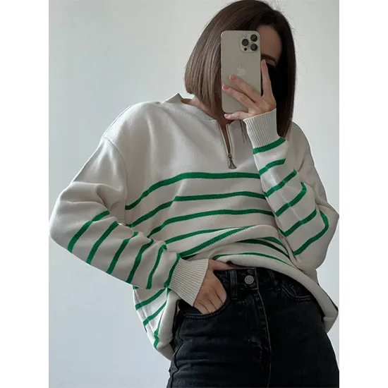 Urban Long Sleeves Loose Striped Round-Neck Sweater Tops Urban Long Sleeves Loose Striped Round-Neck Sweater Tops